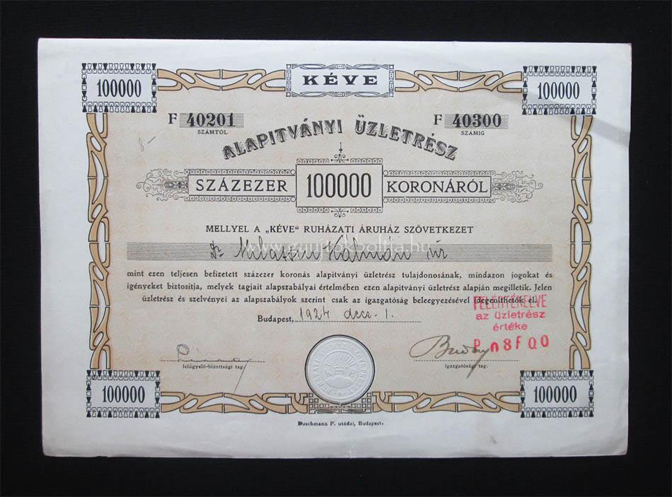 KÉVE Ruházati Áruház Szövetkezet üzletrész 100000 korona 1924